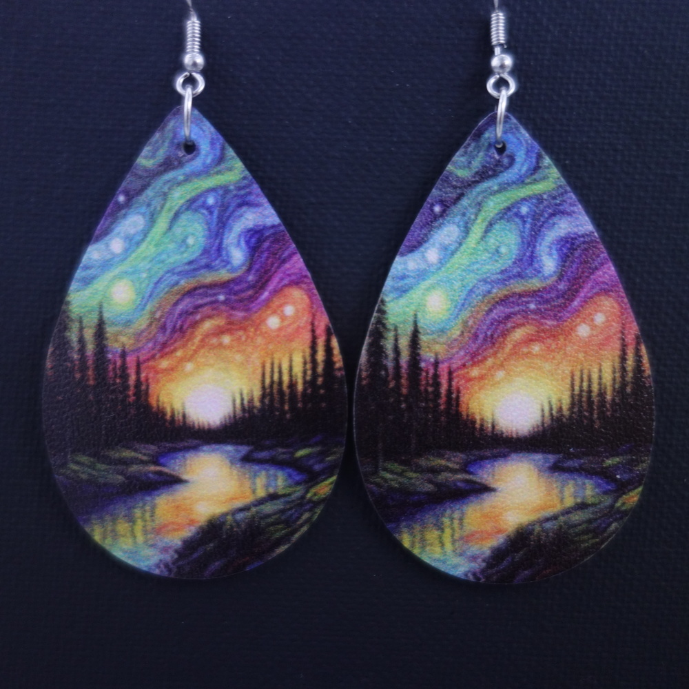 3/$25 Northern Lights Aurora Borealis Forest Lake Sunset Teardrop Earrings